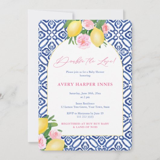 ダブルザラブポジターノレモン双子ベビーシャワー 招待状 (正面)