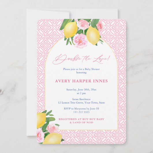 ダブルザラブレモンピンクの双子の女の子ベビーシャワー 招待状 (正面)