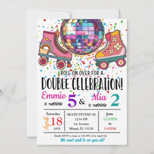 ダブルシスターズの誕生日を祝うローラースケートパーティー 招待状 (正面)