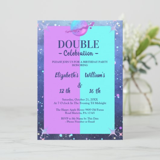 ダブルジョイントツイン宇宙誕生日ボーイガール 招待状 (スタンド正面)