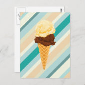 ダブルスコップアイスクリームコーンティール（緑がかった色）ストライプ ポストカード (正面/裏面)