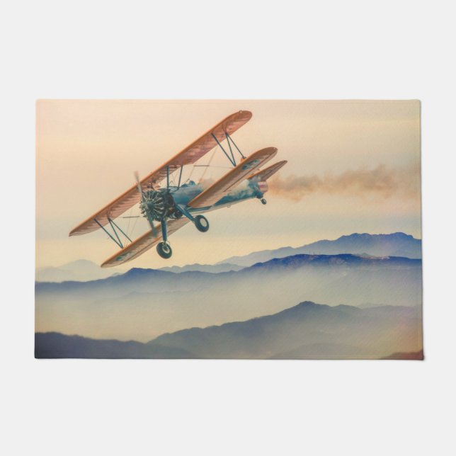 ダブルデッカーオルディタイマープロペラ飛行機 ドアマット (正面)