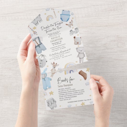 ダブルトラブルウェアツインボーイズ&ブックスベビーショー オールインワン招待状 (貼ってはがせる)