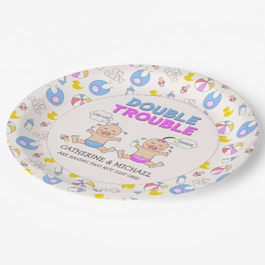 ダブルトラブルツインボーイ&ガールベビーシャワー ペーパープレート (アングル)