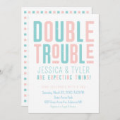 ダブルトラブルツインボーイ/ガールベビーシャワー 招待状 (正面/裏面)