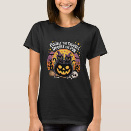 ダブルトラブル かわいい黒猫のハロウィン・コールドロン Tシャツ