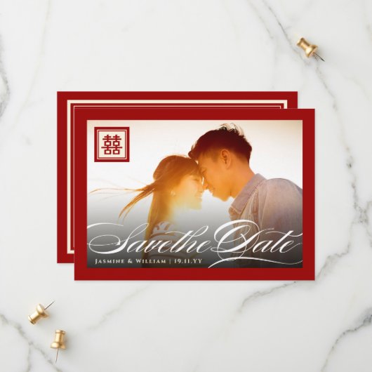 ダブルハピネスクラシックスクリプトフォト中国の セーブザデート (正面/裏面インサイチュ)