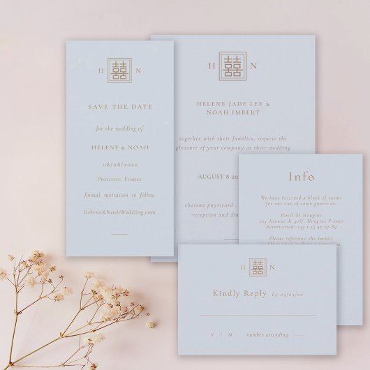 ダブルハピネスダスティブルー&金ゴールド結婚ズ セーブザデート