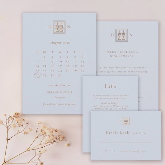 ダブルハピネスダスティブルー&金ゴールド結婚ズ セーブザデート