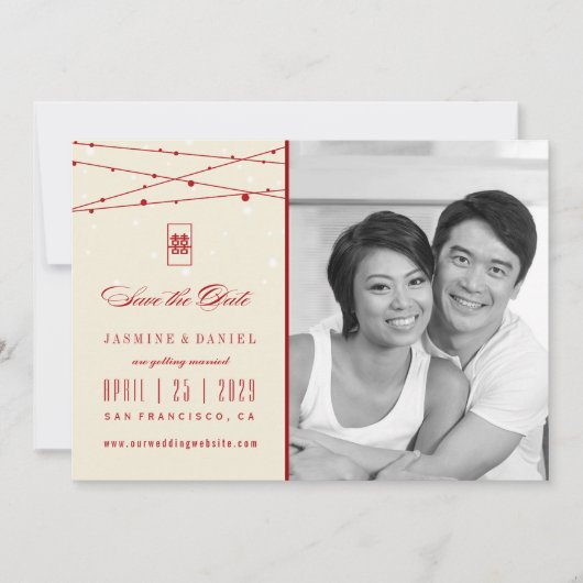 ダブルハピネス妖精のライト写真日付を保存 招待状 (正面)