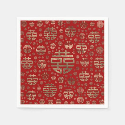 ダブルハピネス記号パターン – 赤の金ゴールド スタンダードカクテルナプキン (正面)