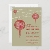 ダブルハピネス赤い提灯アジア日付を保存 ポストカード (正面/裏面)