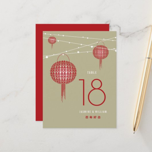ダブルハピネス赤ランタン中国のテーブル番号 案内ポストカード (正面/裏面インサイチュ)