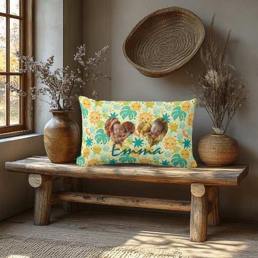 ダブルハートフォトピローかわいいトロピカルパターン クッション