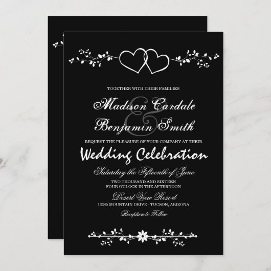 ダブルハート白黒結婚式招待状 招待状 (正面/裏面)