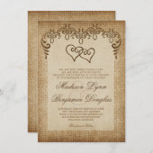 ダブルハート素朴バーラップ結婚式招待状 招待状 (正面/裏面)