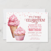 ダブルバースデーパーティーキッズピンクアイスクリーム 招待状 (正面)