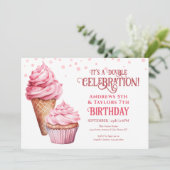 ダブルバースデーパーティーキッズピンクアイスクリーム 招待状 (スタンド正面)