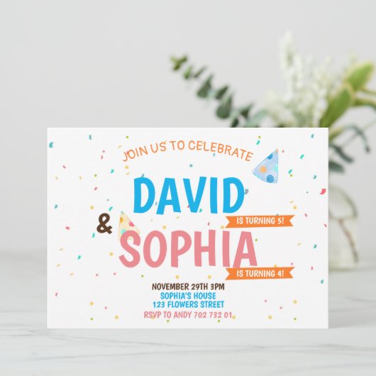 ダブルバースデーパーティージョイント兄弟姉妹ボーイ&ガール 招待状 (スタンド正面)