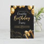 ダブルバースデーパーティーブラックと金ゴールド エレガント 招待状 (スタンド正面)