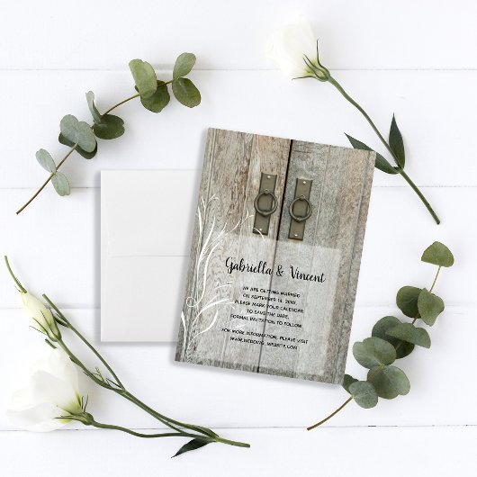 ダブルバーンドアカントリーウェディング日付を保存 招待状