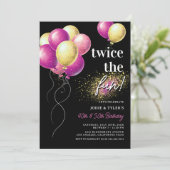 ダブルピンクと金ゴールドバルーンジョイント誕生日 招待状 (スタンド正面)