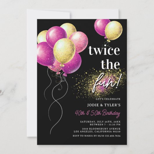ダブルピンク&ゴールドバルーン共同誕生日 招待状 (正面)