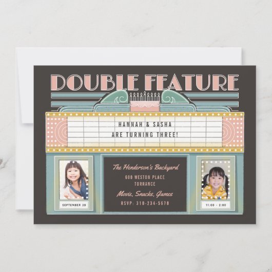 ダブルフィーチャー映画ツインズバースデーパーティー 招待状 (正面)