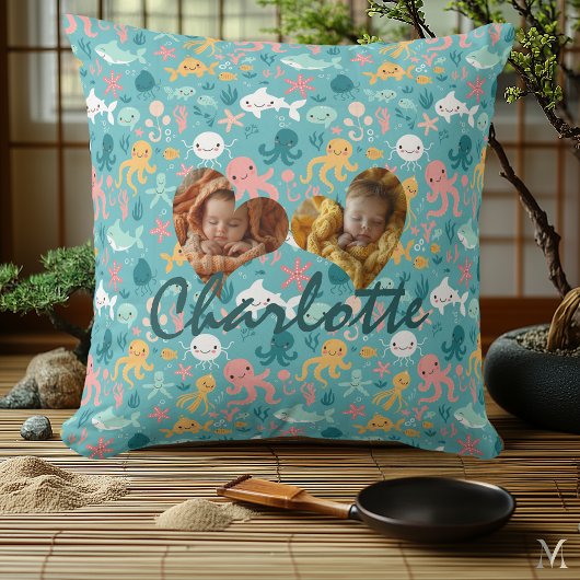 ダブルフォトピローとかわいい海パターン クッション