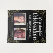 ダブルフォトブラック金ゴールド誕生日バナー タペストリー (正面(横))