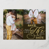 ダブルフォトミニマルタイポグラフィ日付の保存 箔招待状 (正面)