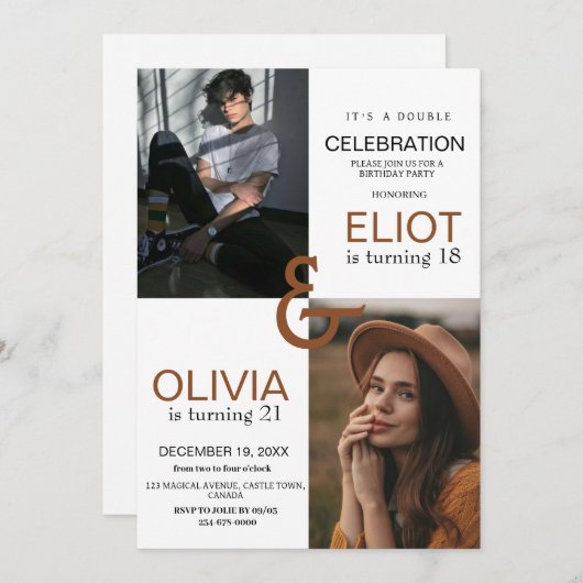 ダブルフォト誕生日モダンホワイトブラック 招待状 (正面/裏面)