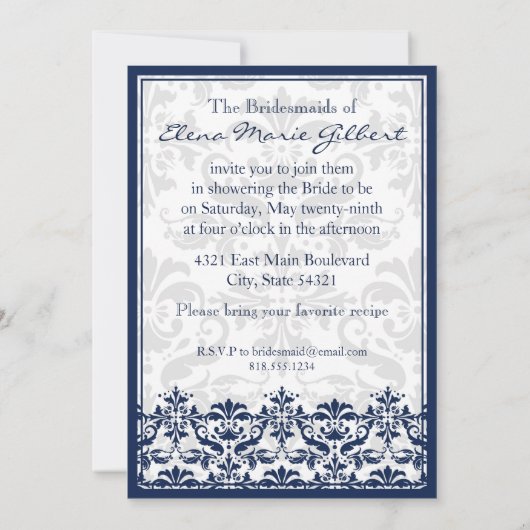ダブルフレームが付いているダマスク織のボーダー(海軍及び白) 招待状 (裏面)