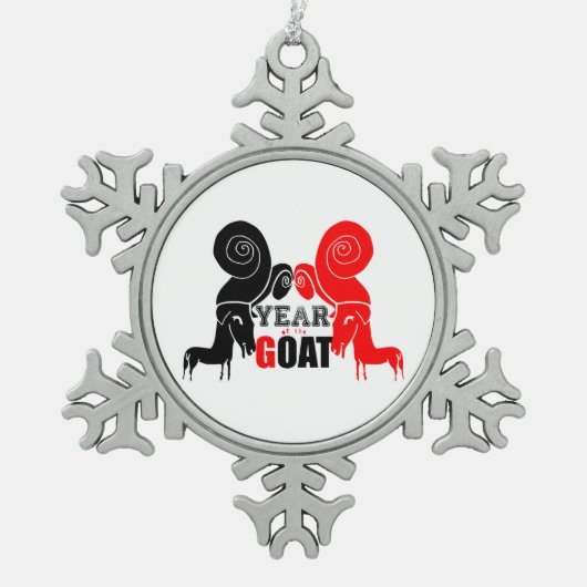ダブルブラックレッドラムヤギ中国のイヤー〔占星術の〕十二宮図O スノーフレークピューターオーナメント (正面)