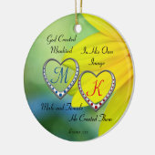 ダブルブルーと赤いハートモノグラム セラミックオーナメント (左)