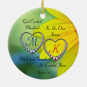 ダブルブルーと赤いハートモノグラム セラミックオーナメント (裏面)