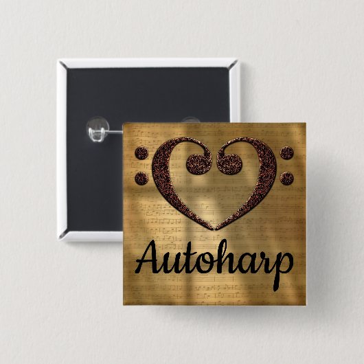 ダブルベースクレフ、 音符記号ハートオートハープ 缶バッジ (正面&裏面)