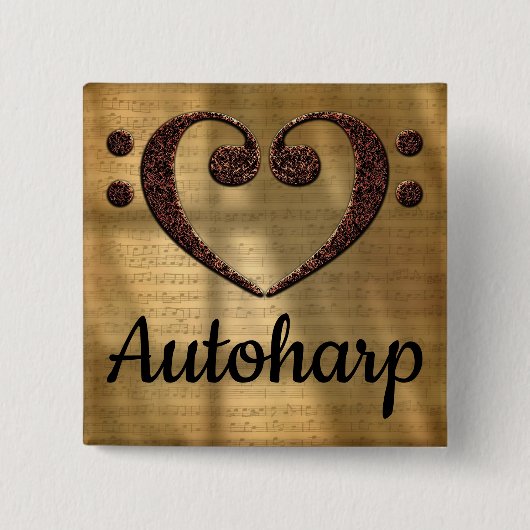 ダブルベースクレフ、 音符記号ハートオートハープ 缶バッジ (正面)