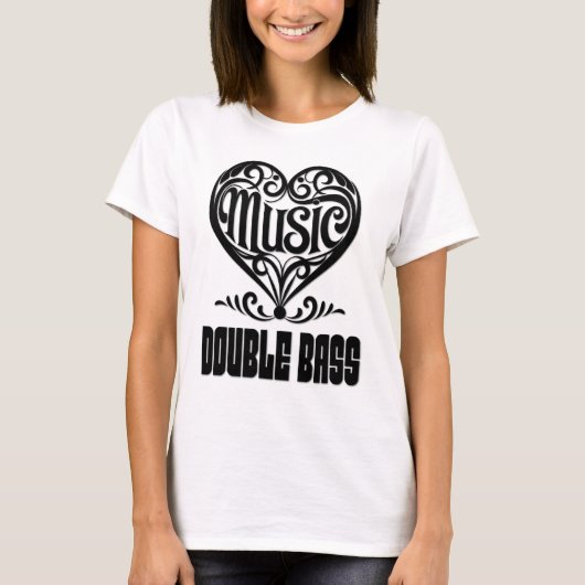 ダブルベース愛好家のための優雅なスクロールハート Tシャツ (正面)