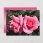 ダブルホットピンクのバラ花結婚式の日付を保存 案内ポストカード (正面/裏面)