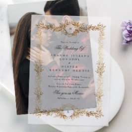 ダブルモノグラム金ゴールド植物体結婚格 ベラム紙招待状