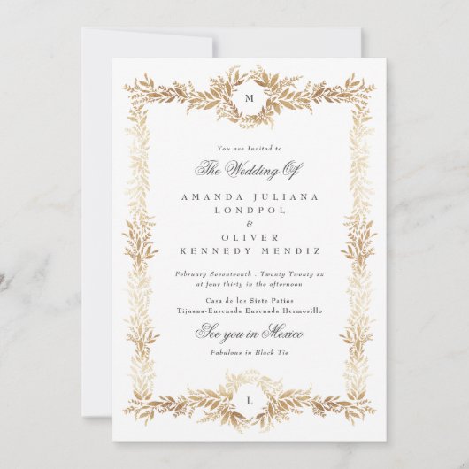 ダブルモノグラム金ゴールド植物体結婚格 招待状 (正面)