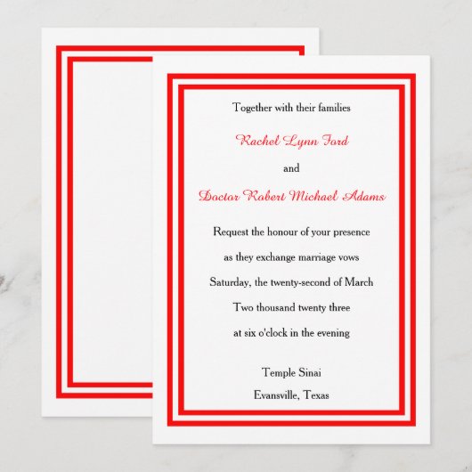 ダブルレッドトリム-5x7結婚式招待状 招待状 (正面/裏面)