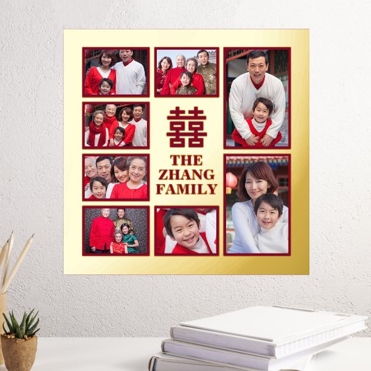 ダブル中国のハピネス赤金ゴールド家族の写真 箔ポスター (インサイチュ (デスク3))