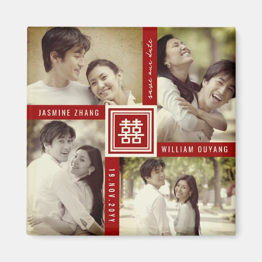 ダブル中国のXiの結婚4写真の日付を保存 マグネット (正面)