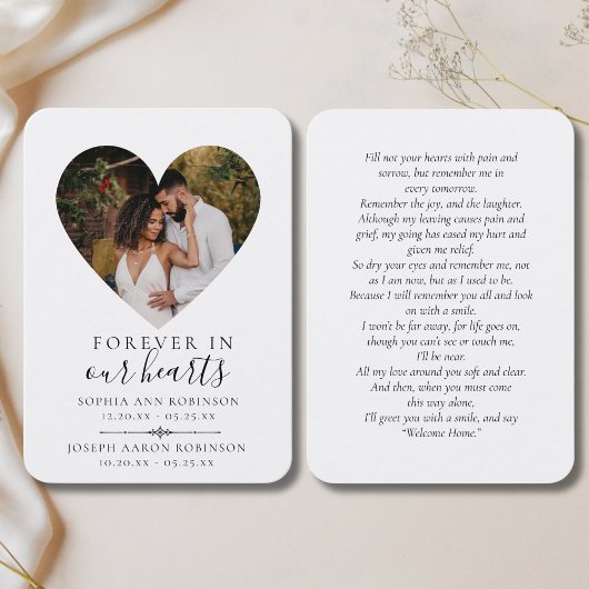 ダブル写真追悼式ハート祈りの言葉カード 名刺