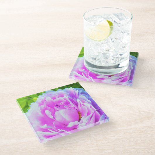 ダブル素晴らしピンク牡丹フラワー詳細 ガラスコースター (アングル)