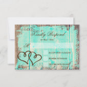 ダブル素朴ハートアクアウッドウェディングRSVPカード 出欠カード (正面)