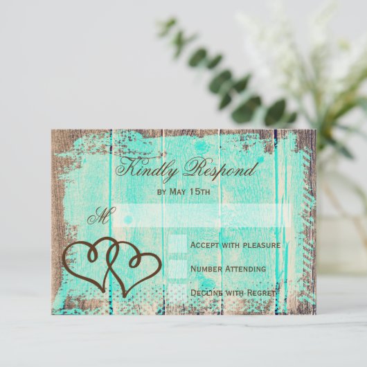 ダブル素朴ハートアクアウッドウェディングRSVPカード 出欠カード (スタンド正面)
