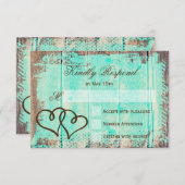 ダブル素朴ハートアクアウッドウェディングRSVPカード 出欠カード (正面/裏面)